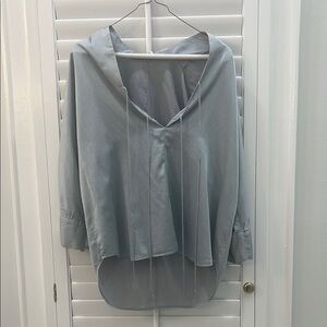 RHOI Satin Draped Blouse Blue Gray Silk Feel Oversized Minimal Top XS